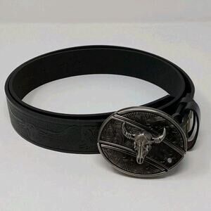 Western Cowboy Belt Black Leather Longhorn Bull Skull Buckle